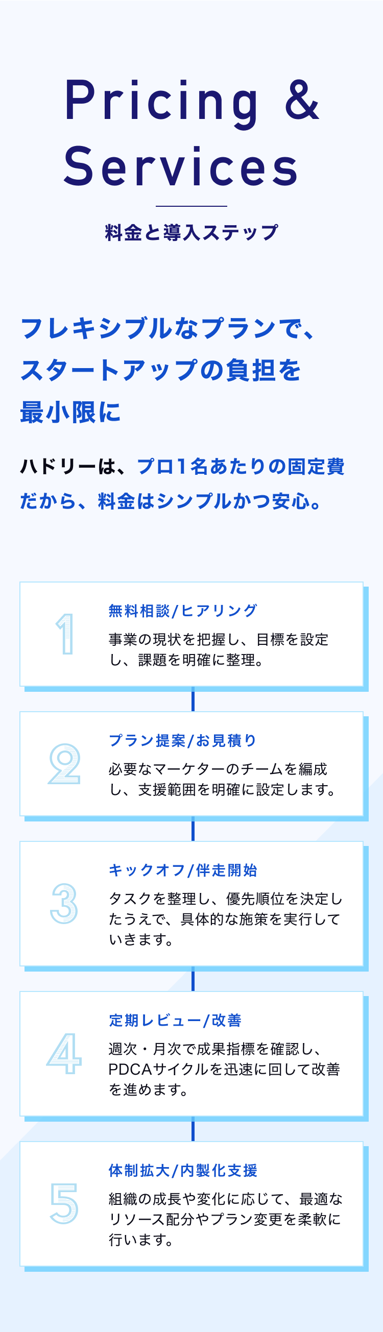 料金と導入ステップの説明セクション。プロ1名あたりの固定費で提供されるシンプルな料金体系と、無料相談から体制構築支援までの5ステップ（ヒアリング、見積り、施策開始、改善、内製化）を紹介。