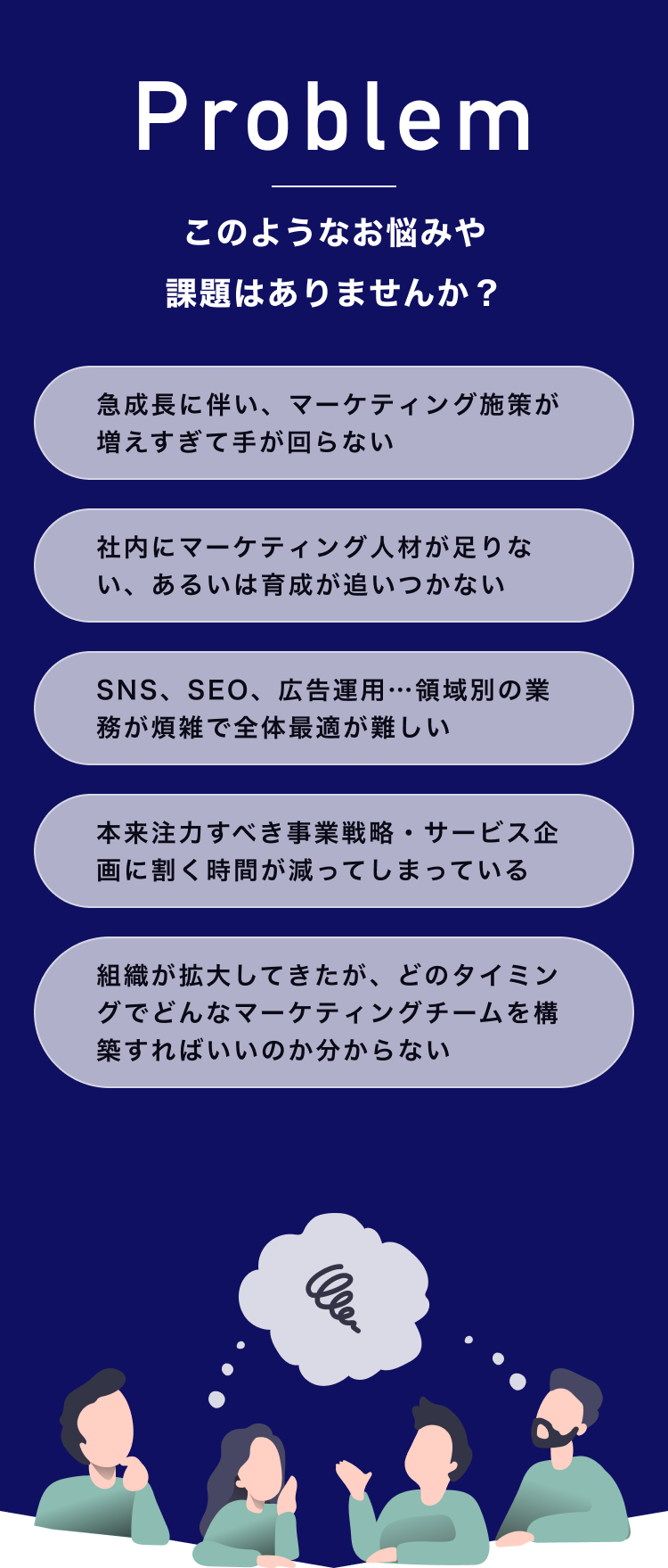 マーケティング施策に関する課題を列挙したバナー。成長に伴う業務の煩雑さや人材不足、戦略立案の時間確保の難しさに悩む様子を示し、考え込む4人の人物イラスト付き。